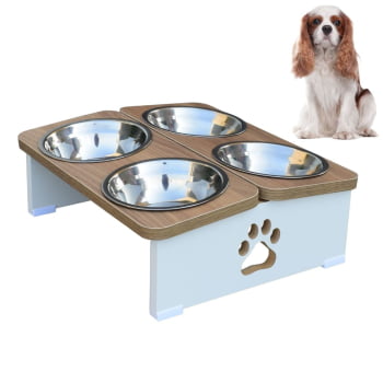 Comedouro Elevado Pet Cachorro MDF Quadruplo - Inox