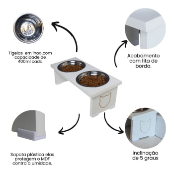 Comedouro Elevado Pet Gato MDF Duo  - Inox