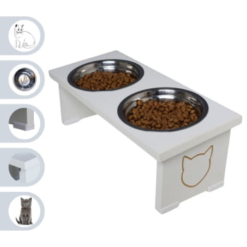 Comedouro Elevado Pet Gato MDF Duo  - Inox