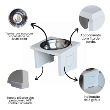 Comedouro Elevado Pet Gato MDF Simple  - Inox