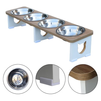 Comedouro Elevado Quadruplo Linear Gato Pet MDF
