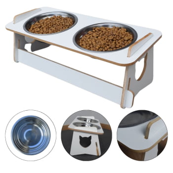 Comedouro Gato Elevado Duplo Pet Tigela Ração Inox Saudável - Branco