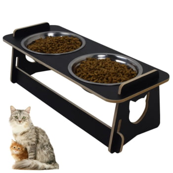 Comedouro Gato Elevado Duplo Pet Tigela Ração Inox Saudável - Preto