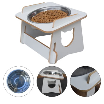 Comedouro Gato Elevado Pet Tigela Ração Inox Saudável - Branco