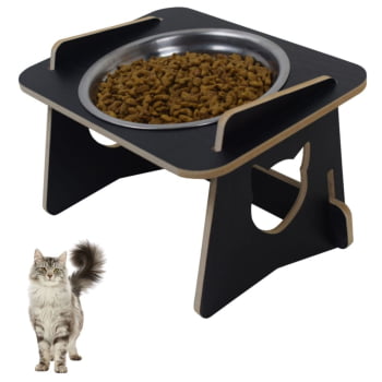 Comedouro Gato Elevado Pet Tigela Ração Inox Saudável - Preto