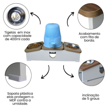 Comedouro Hibrido Duplo Gato Base Bebedouro Pet MDF