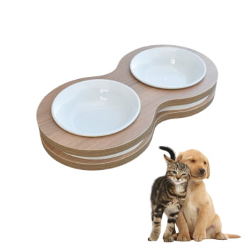 Comedouro Pet Elevado Duplo MDF Cães e Gatos - Porcelana