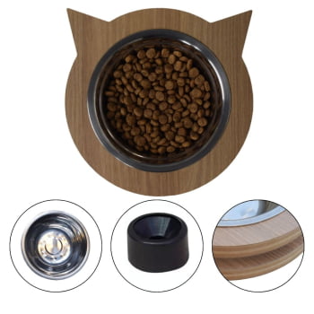 Comedouro Pet Elevado Gato Mdf Miau - Inox