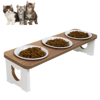 Comedouro Triplo Elevado Gato Pet MDF  - Porcelana