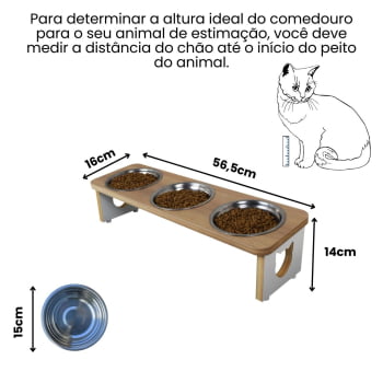 Comedouro Gato Elevado Pet Triplo MDF Linha Tradicional