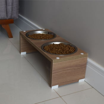 Comedouro Duplo Elevado Pet Gato Cachorro MDF Nick  Inox 