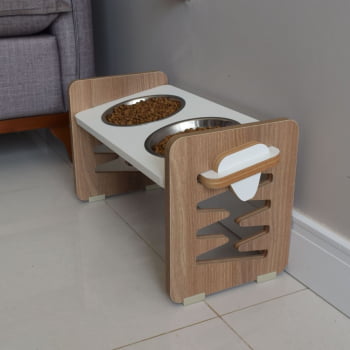 Comedouro Elevado Cães e Gatos Duplo Pet MDF  Zig Zag Regulagem Altura  - Inox