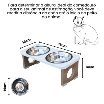 Comedouro Elevado Gato Duplo Pet MDF Colors - Inox - Branco