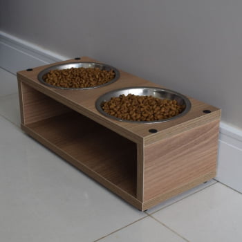 Comedouro para Cachorro Gato Duplo Elevado Pet MDF Luke  Inox 