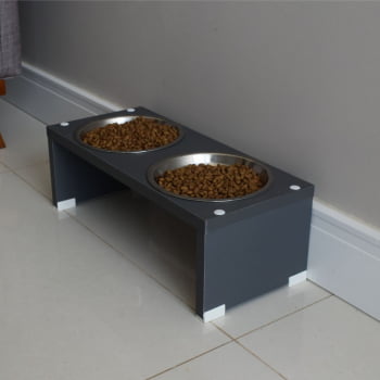 Comedouro Duplo Elevado Pet Gato Cachorro MDF Nick  Inox 