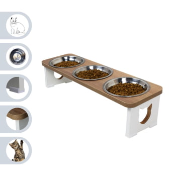 Comedouro Triplo Elevado Gato Pet MDF  - Inox