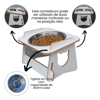 Comedouro Gato Elevado Pet Tigela Ração Inox Saudável - Branco