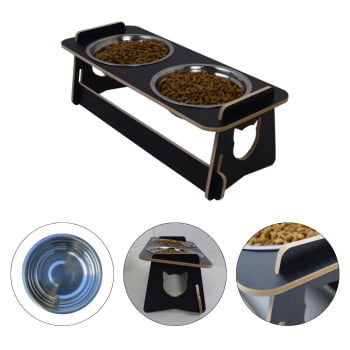 Comedouro Gato Elevado Duplo Pet Tigela Ração Inox Saudável - Preto