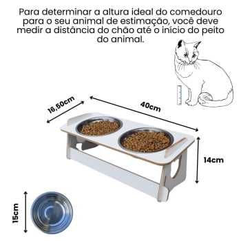 Comedouro Gato Elevado Duplo Pet Tigela Ração Inox Saudável - Branco