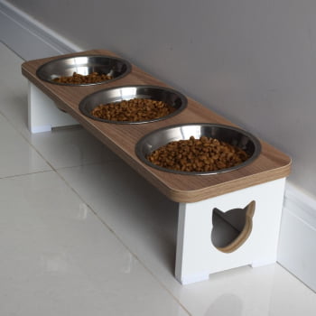 Comedouro Triplo Elevado Gato Pet MDF  - Inox