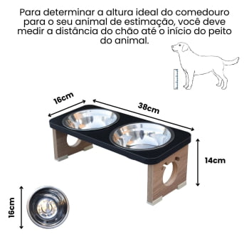 Comedouro Elevado Cachorro Duplo Para Pet MDF Colors - Inox - Preto