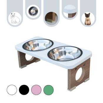 Comedouro Elevado Gato Duplo Pet MDF Colors - Inox - Branco