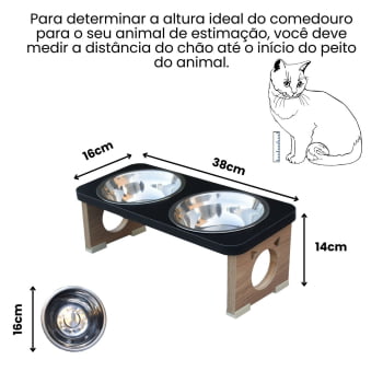 Comedouro Elevado Gato Duplo Pet MDF Colors - Inox - Preto