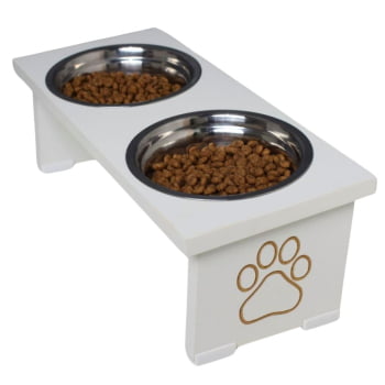 Comedouro Elevado Pet Cachorro MDF Duo  Inox e Porcelana