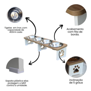 Comedouro Elevado Cachorro Pet Quadruplo Linear MDF - Inox