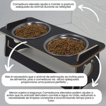 Comedouro Cachorro Elevado Duplo Pet Tigela Ração Inox Saudável - Preto