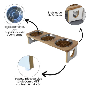 Comedouro Gato Elevado Pet Triplo MDF Linha Tradicional