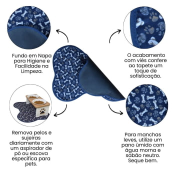 Tapete Comedouro Pet - Pata e Osso Azul e Branco