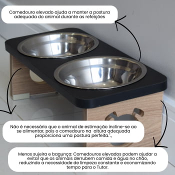 Comedouro Elevado Cachorro Duplo Para Pet MDF Colors - Inox - Preto