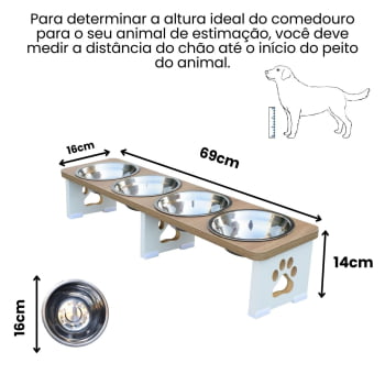 Comedouro Elevado Cachorro Pet Quadruplo Linear MDF - Inox