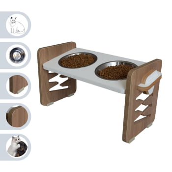 Comedouro Elevado Cães e Gatos Duplo Pet MDF  Zig Zag Regulagem Altura  - Inox