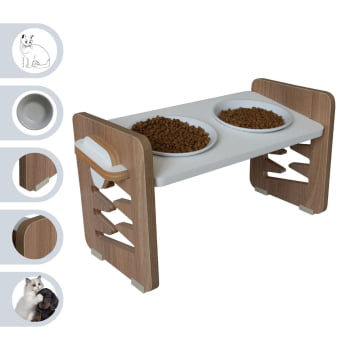 Comedouro Elevado Cães e Gatos Duplo Pet MDF Zig Zag Regulagem Altura  - Porcelana