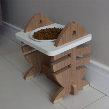 Comedouro Elevado Gato Pet MDF Espinha De Peixe Regulagem de Altura - Porcelana