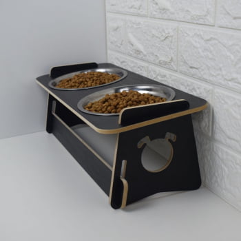 Comedouro Cachorro Elevado Duplo Pet Tigela Ração Inox Saudável - Preto