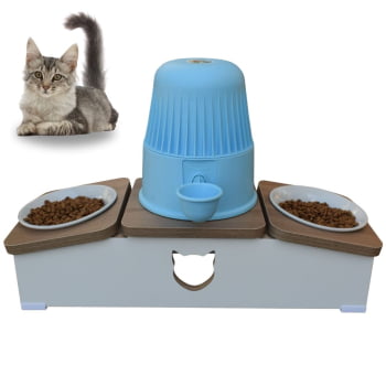 Comedouro Hibrido Duplo Gato Base Bebedouro Pet MDF