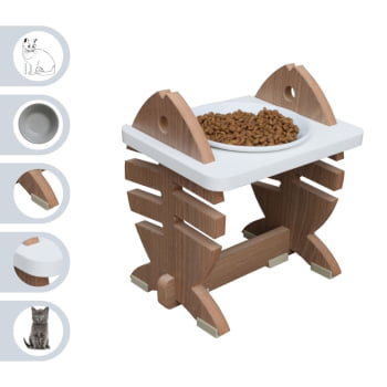 Comedouro Elevado Gato Espinha de Peixe Regulagem Altura Porcelana